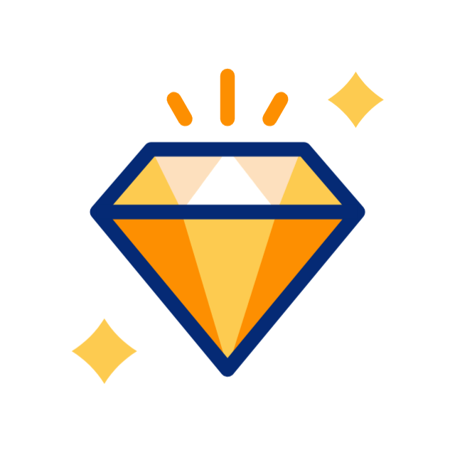 A golden diamond with blue outlines, sparkling with radiating lines and stars.
