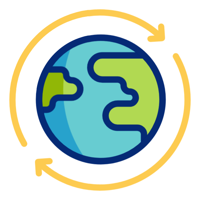 Earth with green landmasses, surrounded by a yellow circle with arrows, symbolizing global circulation or recycling.