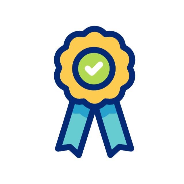 Gold and blue award ribbon with a green check mark in the center.