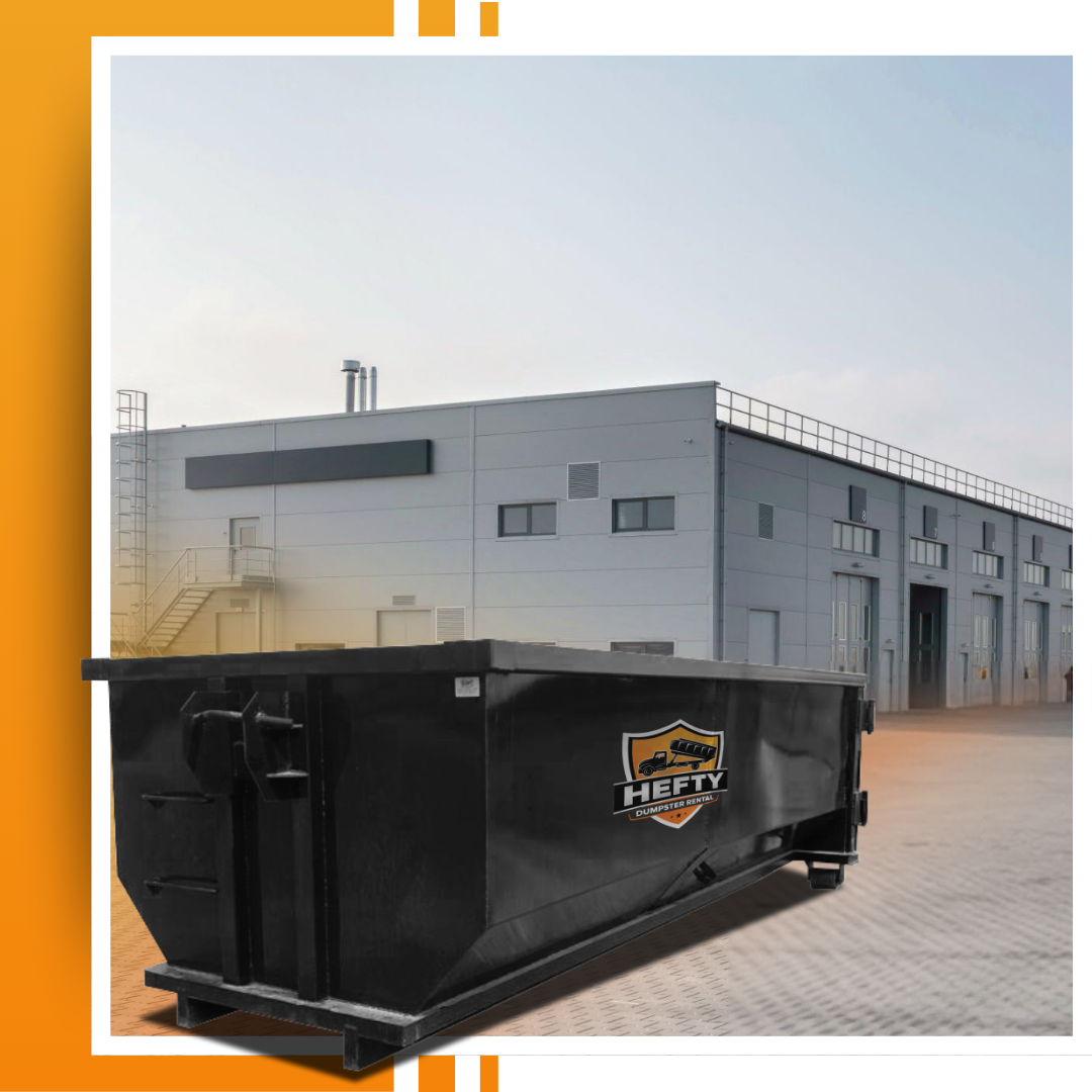 A dumpster placed in front of a building