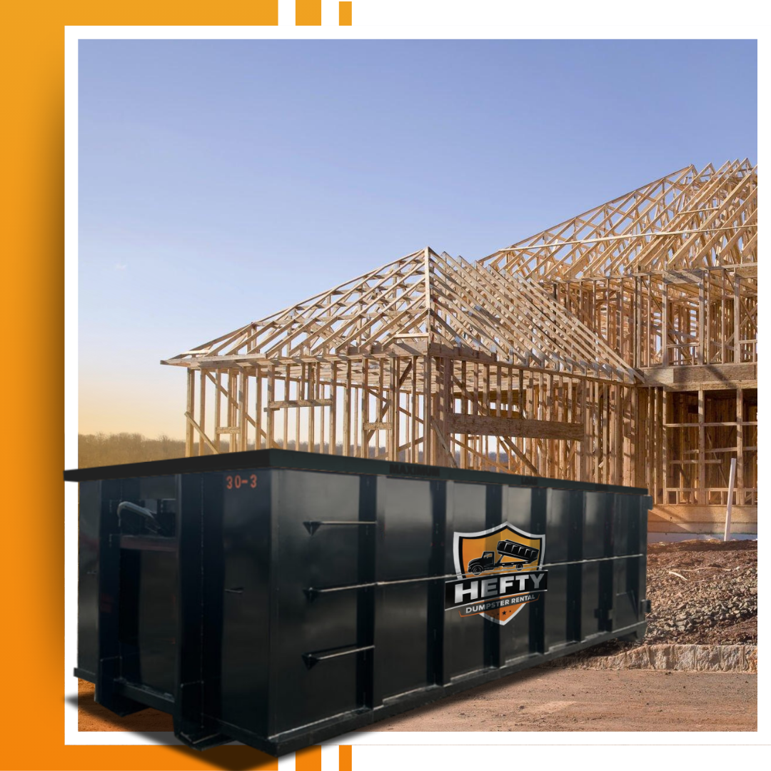 A dumpster placed in front of a constuction site