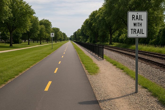 A sign on the side of a road that says rail with trail