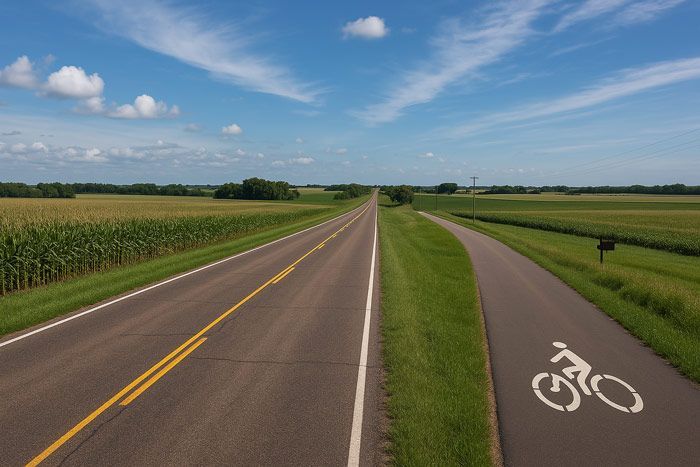 A bicycle lane is painted on the side of the road