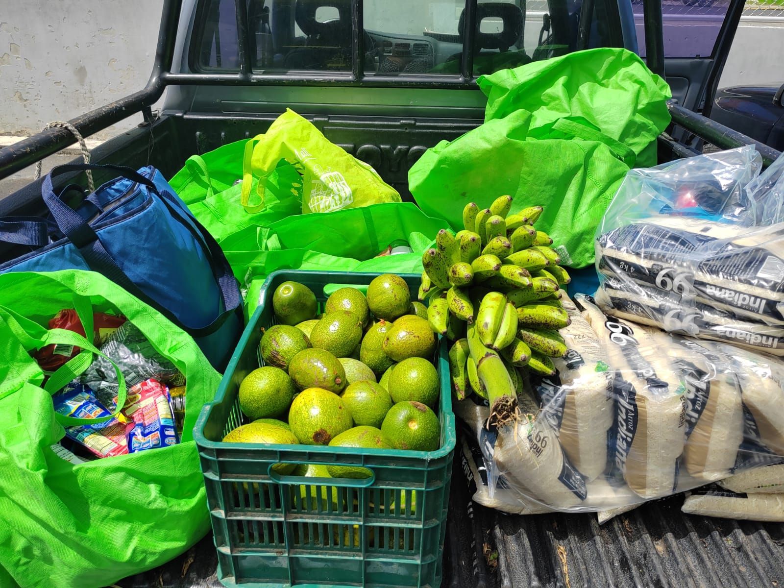 The back of a truck filled with fruits and vegetables.
