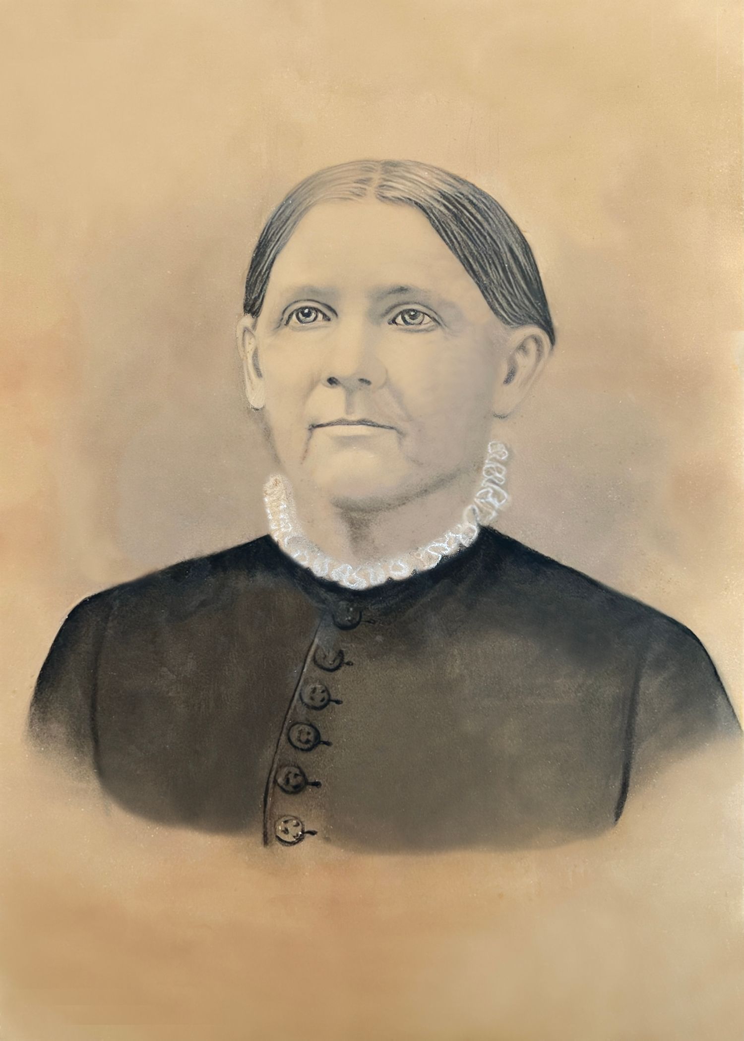 A black and white portrait of a woman in a black dress.
