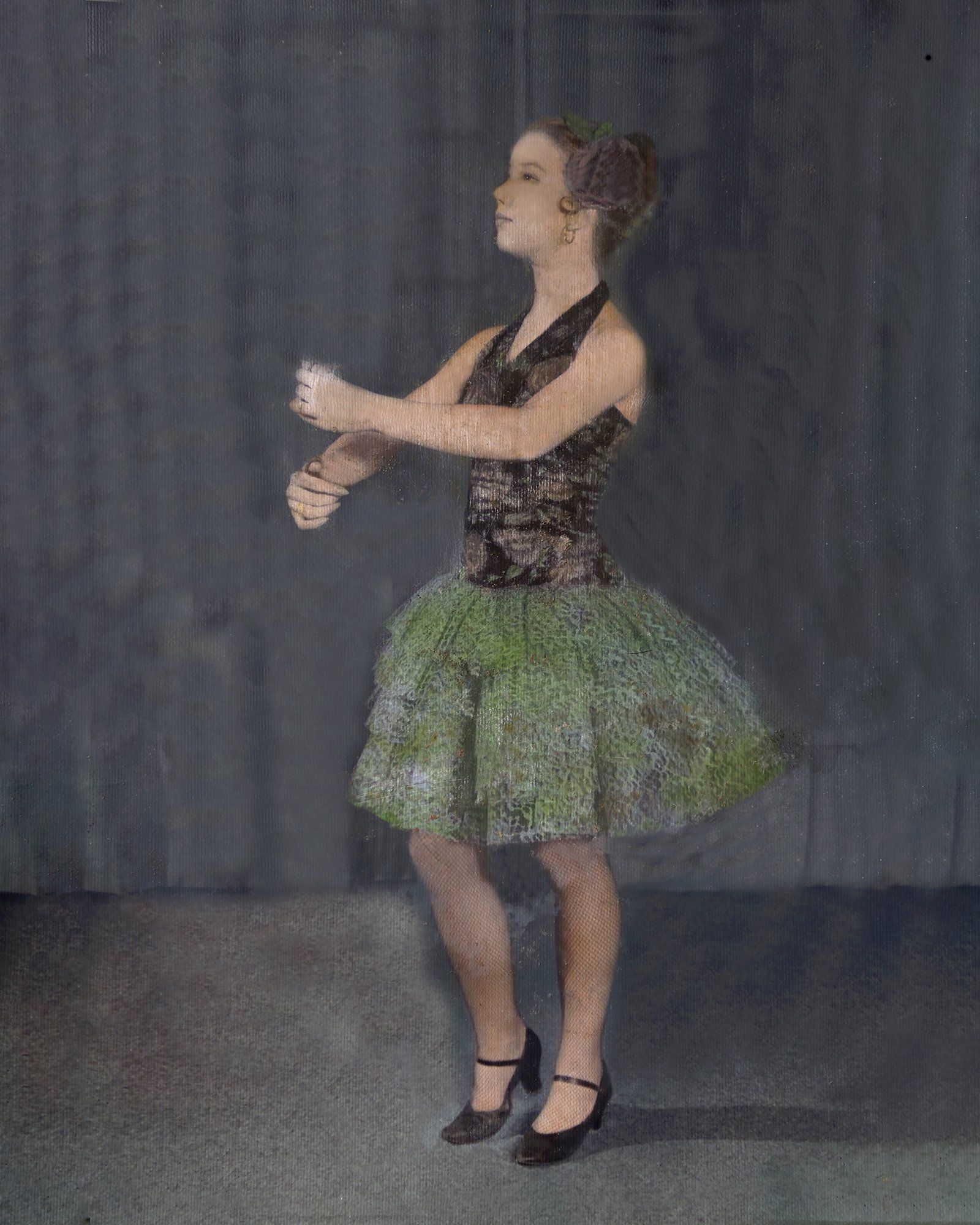 A painting of a woman in a green dress dancing.