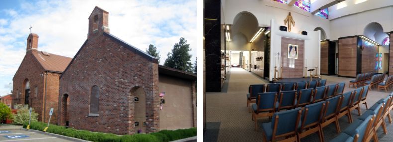 Side-by-side view of a red brick chapel exterior and its interior, featuring rows of blue chairs and marble wall niches.