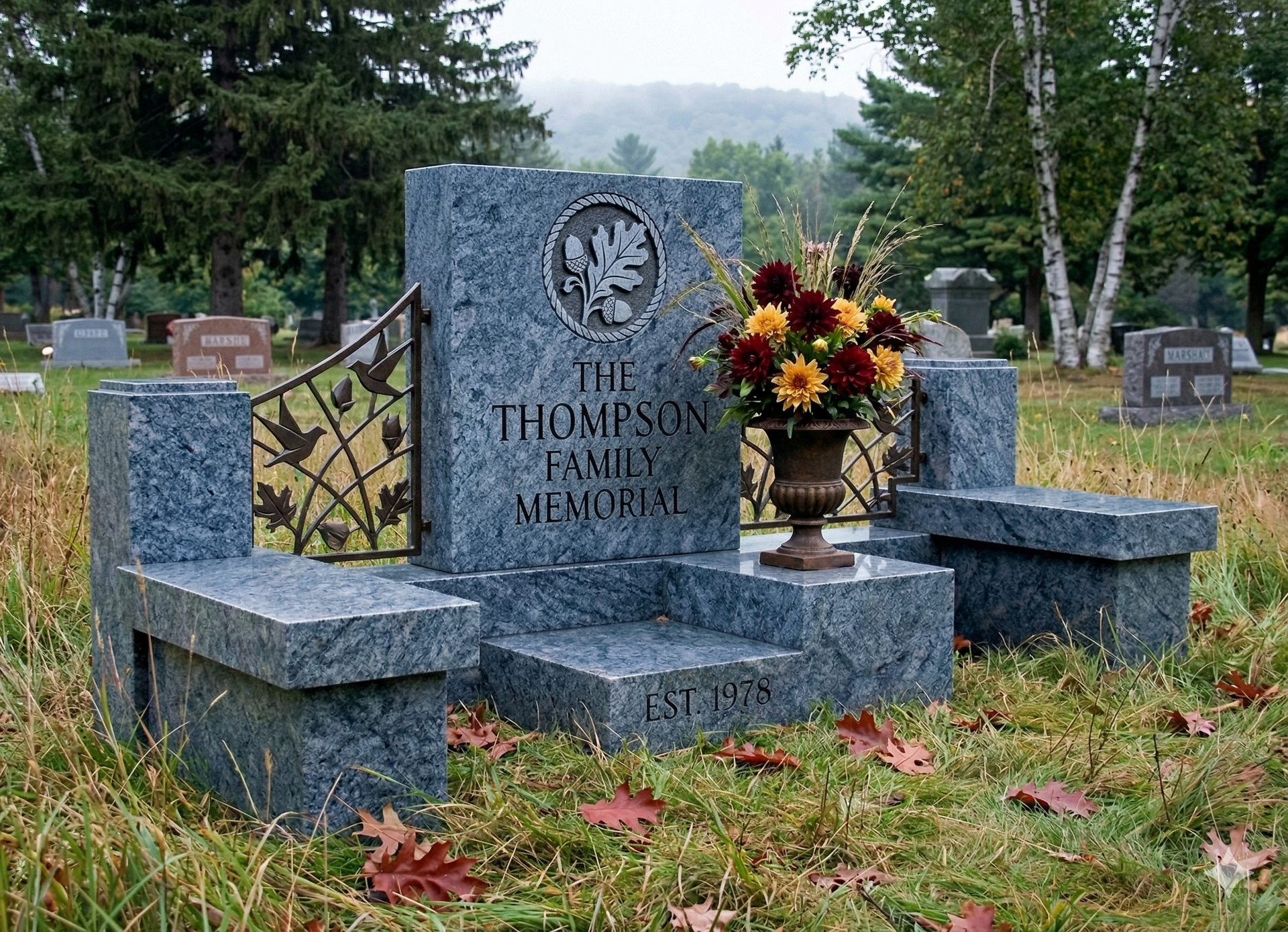 A pink granite cemetery monument with a cross, floral arrangements, and side benches, set in a park-like landscape.