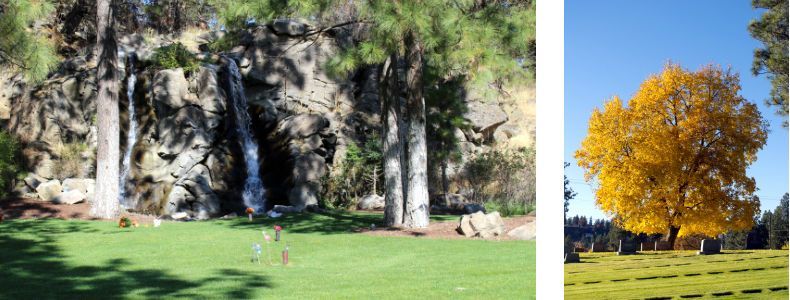 Two side-by-side scenes of a park-like cemetery: one with a small stone waterfall, the other with a large golden autumn tree.
