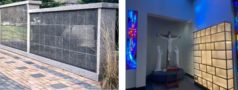 A memorial columbarium wall outdoors and an illuminated indoor shrine with a crucifix and stained glass.