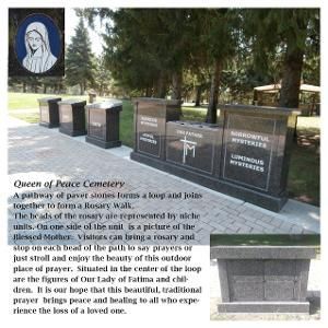 A row of black granite monuments forming a Rosary Walk at Queen of Peace Cemetery, featuring text about the memorial.