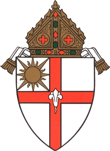 A coat of arms featuring a white shield with a red cross, a sun in the upper left, and a white flower, topped by a miter.