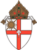 A shield featuring a red cross with a white fleur-de-lis, a golden sunburst in the top-left, topped by a bishop's mitre.