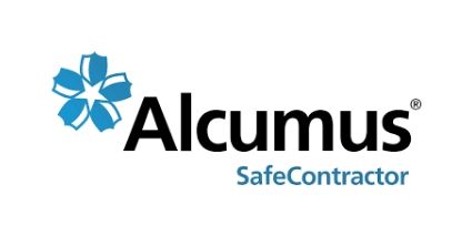 The alcus safe contractor logo has a blue flower on it.