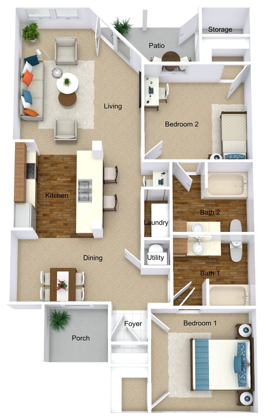 Floor plan: Two-bedroom apartment with kitchen, dining, living, and balcony spaces.