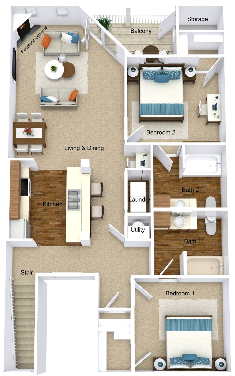 Floor plan: Two-bedroom apartment with living area, kitchen, terrace, and two bathrooms. Beige walls, brown wooden floors.