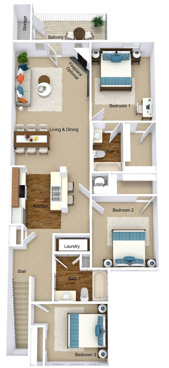 Floor plan with three bedrooms, kitchen, dining, living area, and balcony.