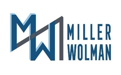 The miller wolman logo is blue and black and says miller wolman.