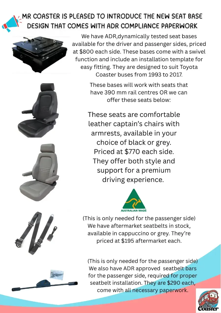 Toyota Coaster seat bases and captain seats for sale flyer - Mr Coaster