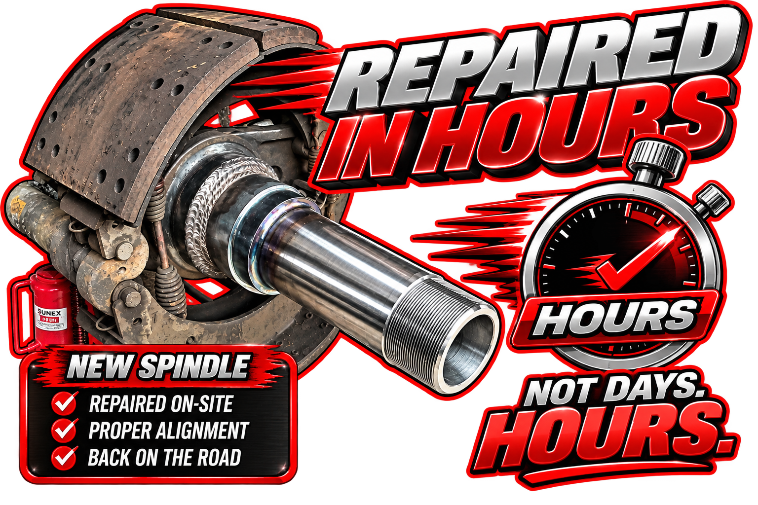 Close-up of a vehicle axle and brake assembly being repaired, with a rusted hub and exposed metal shaft.