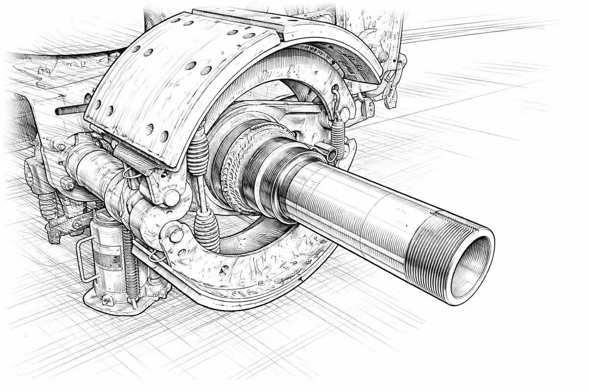 Technical sketch of a mechanical gearbox with a protruding shaft, drawn in black and white.