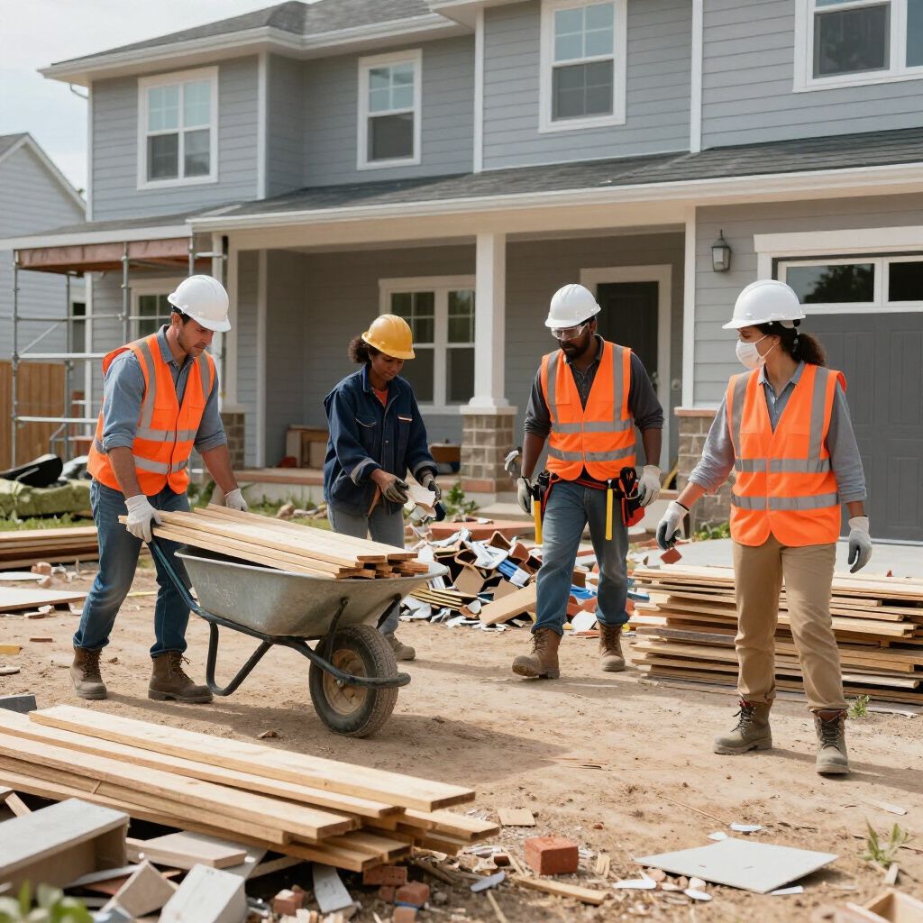 Four construction workers in safety vests and hard hats work on a residential site, moving wood with a wheelbarrow.