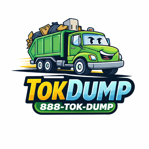 Logo featuring a cartoon green dump truck filled with trash, with the text