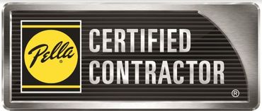 Pella Certified Contractor badge with logo in a black, silver, and yellow color scheme.