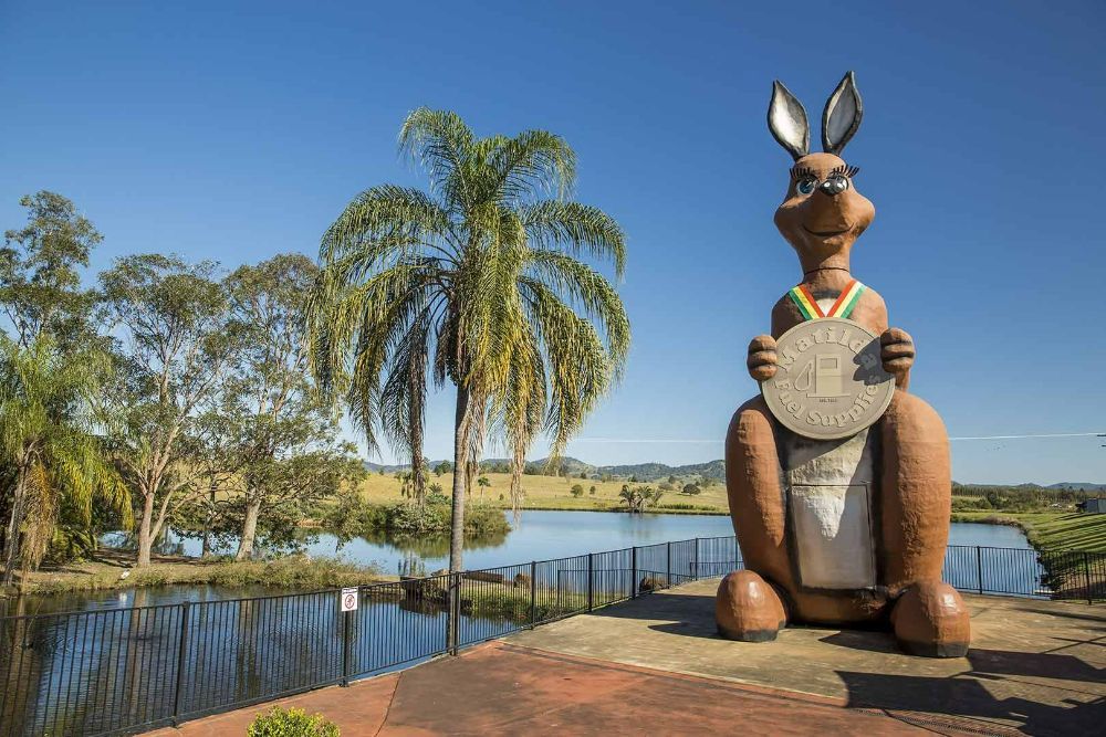 A Statue of A Kangaroo Holding a Coin in Front of A Lake — G & D Ross Bus Charters In Gympie, QLD