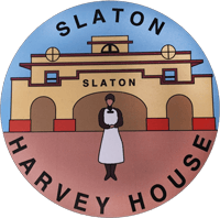 The logo for slatton harvey house shows a man in an apron standing in front of a building