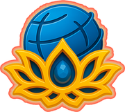 Logotipo de globo azul com pétalas de lótus amarelas e uma gota azul central sobre um fundo branco.
