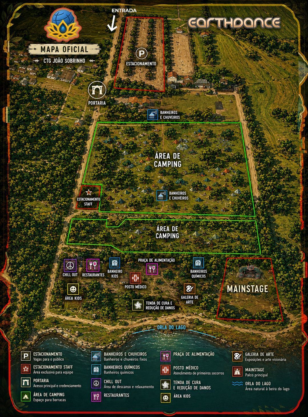 Mapa de uma arena de jogo gramada com zonas, caminhos e ícones identificados, sob o título 