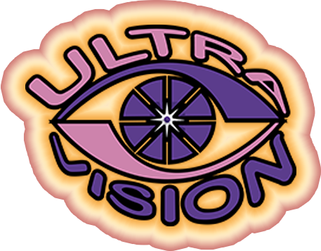 Logotipo da Ultravision em roxo e dourado com um olho estilizado e uma estrela no centro.