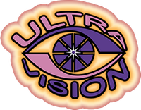 Logotipo da Ultravision em roxo e dourado com um olho estilizado e uma estrela no centro.