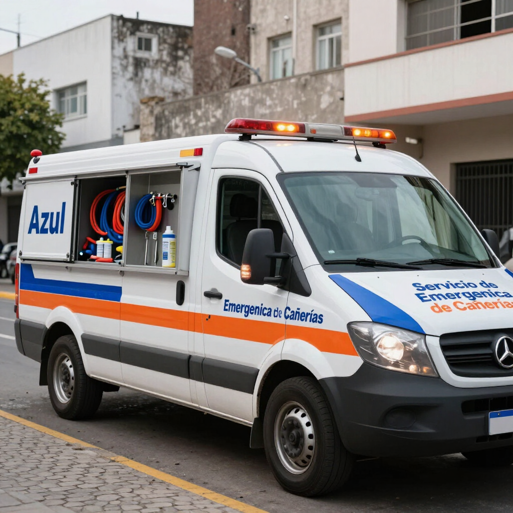 Furgoneta de emergencia blanca y naranja con luces intermitentes estacionada en una calle junto a un edificio.