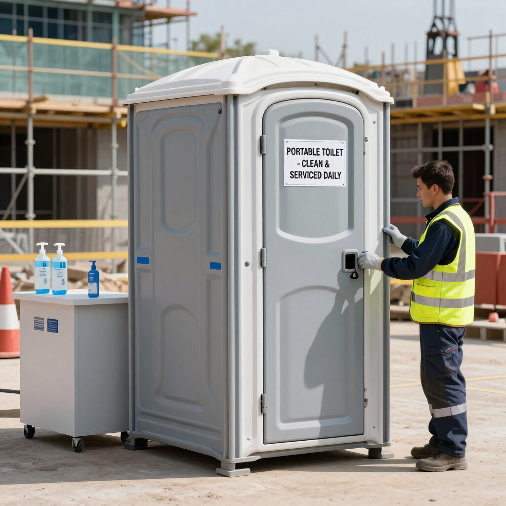 Baño portátil en una obra de construcción con un trabajador con chaleco de seguridad amarillo abriendo la puerta.