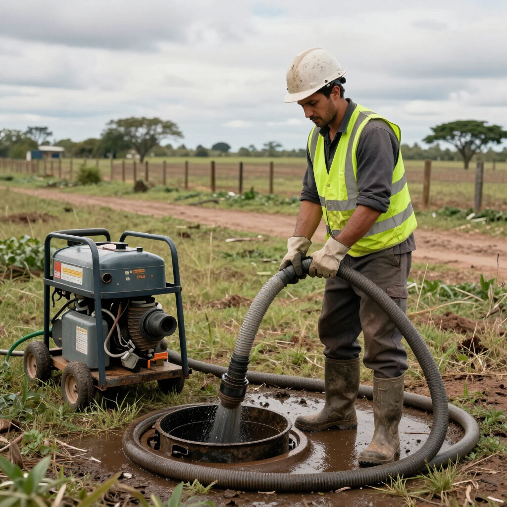 Un trabajador con casco bombea agua de una manguera a una tubería de riego agrícola.