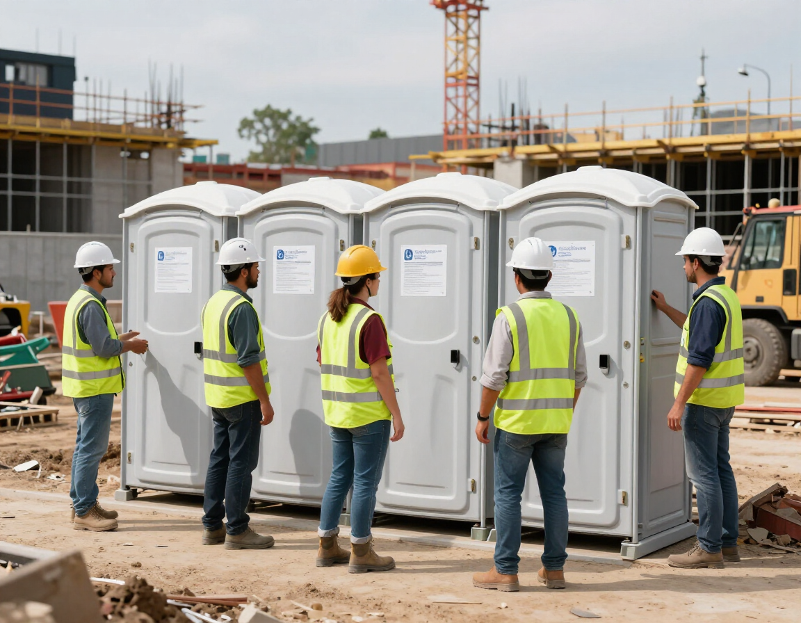 En una obra en construcción, varios trabajadores con chalecos de seguridad permanecen de pie junto a baños portátiles.