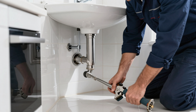 Un fontanero repara el desagüe de un lavabo de baño con herramientas debajo de un lavabo blanco.