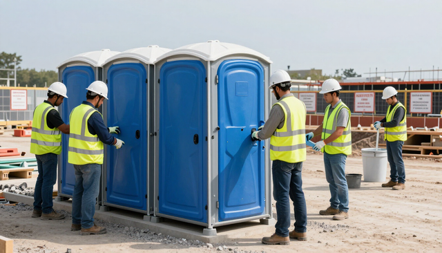 Trabajadores instalando baños portátiles azules en una obra de construcción.