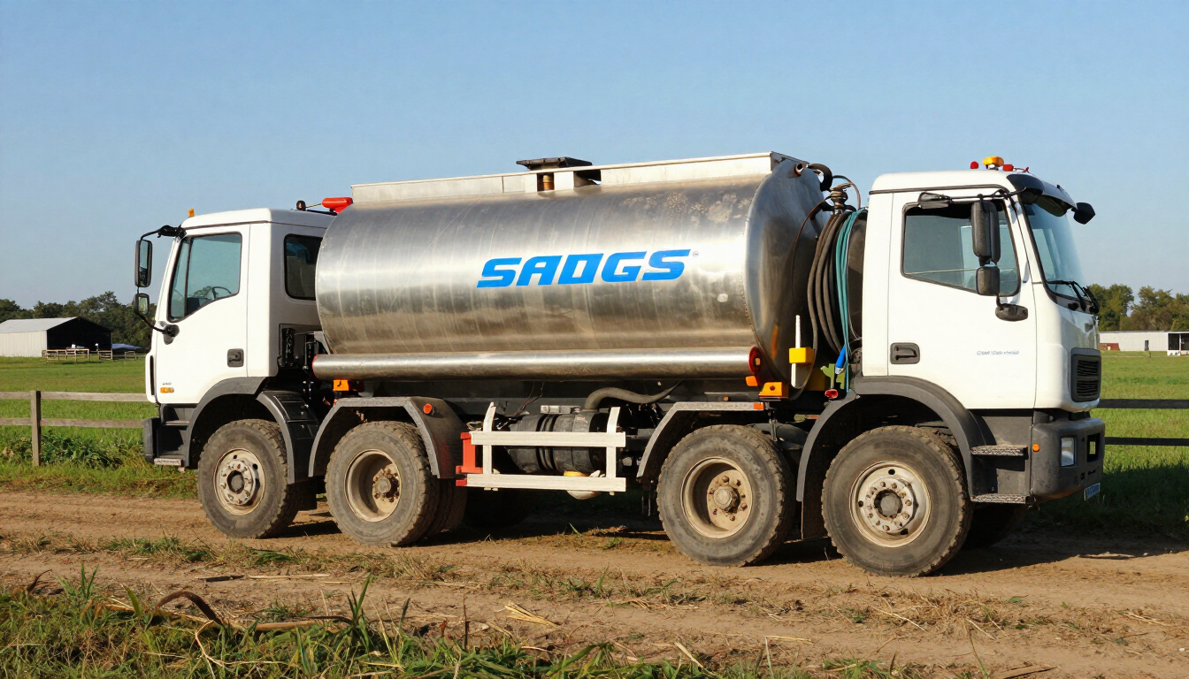 Camión cisterna blanco con el logotipo azul de “SAGOS” estacionado en un camino de tierra junto a un campo verde.