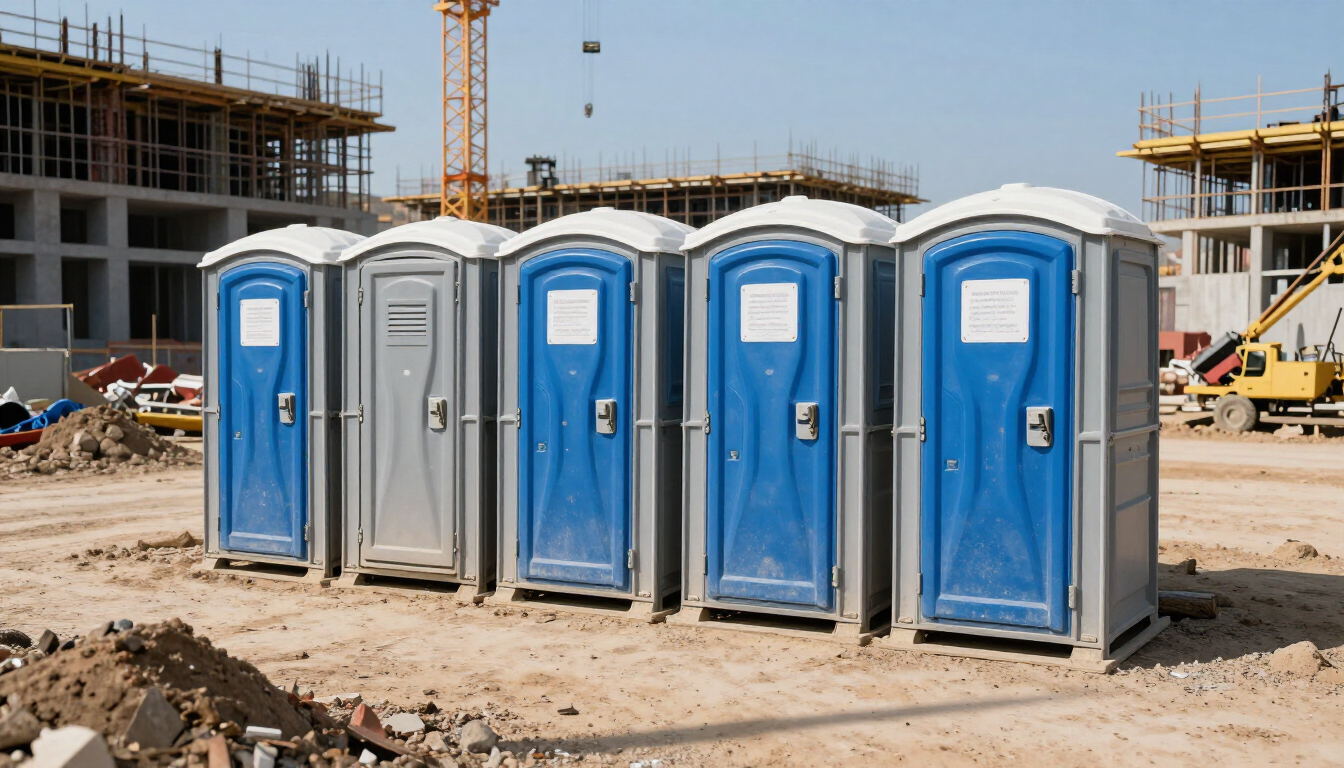 Cinco baños portátiles, azules y grises, alineados en una obra en construcción.