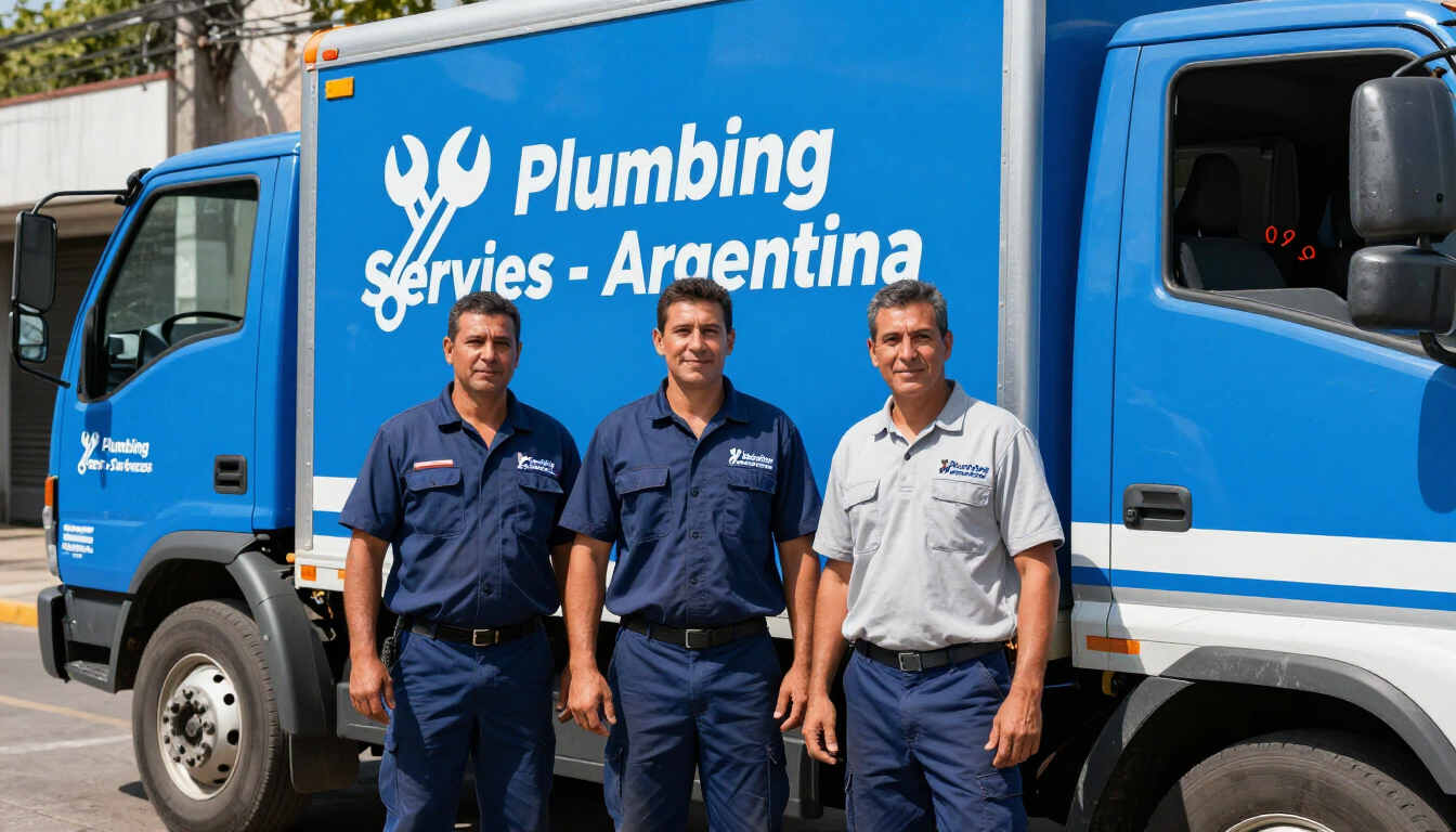 Tres fontaneros de pie junto a una furgoneta azul de servicio con la inscripción 
