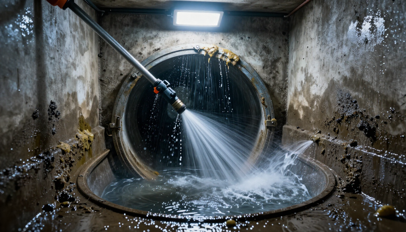 Un trabajador rocía agua dentro de una gran tubería de alcantarillado durante la limpieza