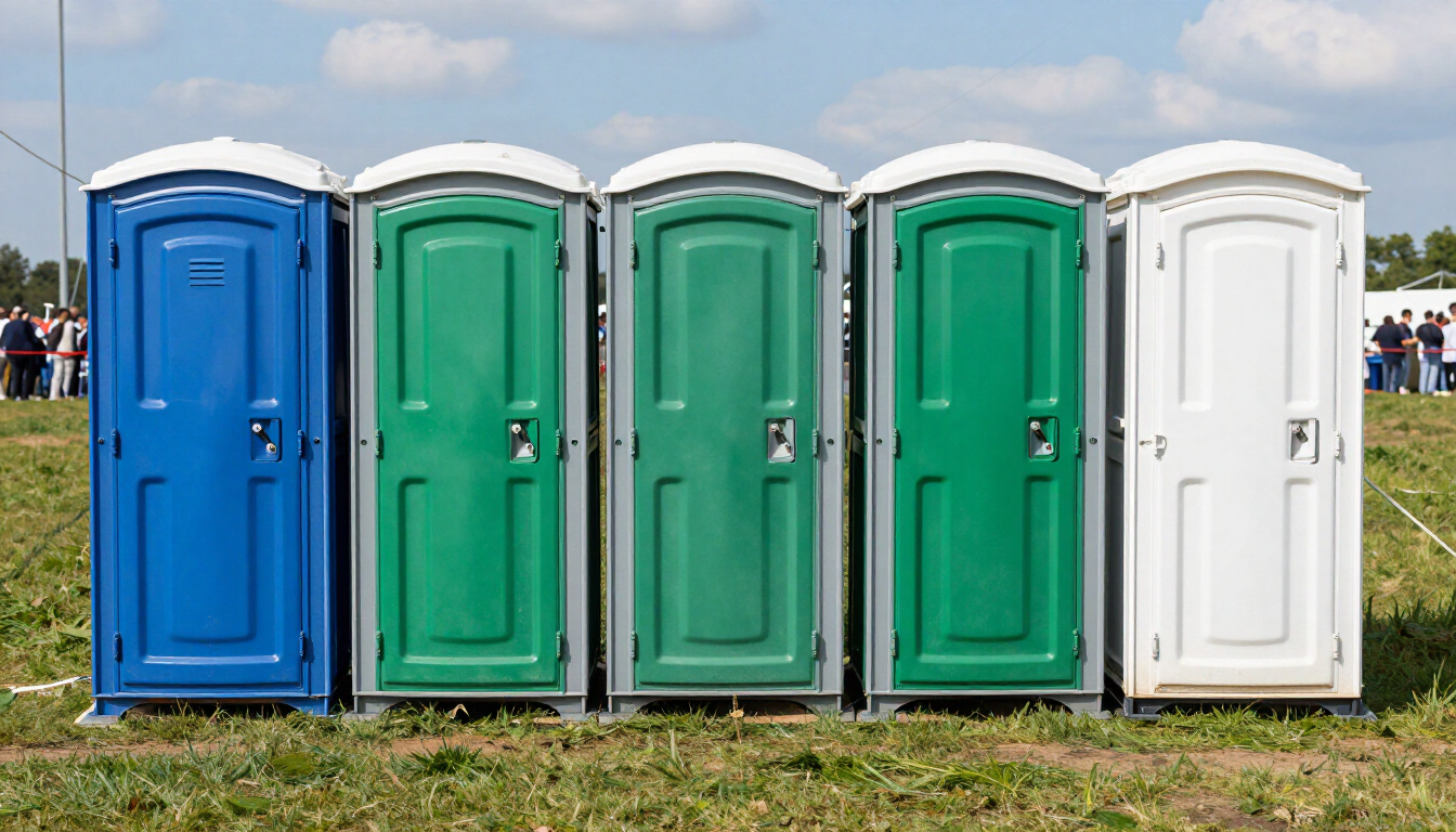 Cinco baños portátiles de color azul, verde y blanco estaban alineados en un campo de hierba.