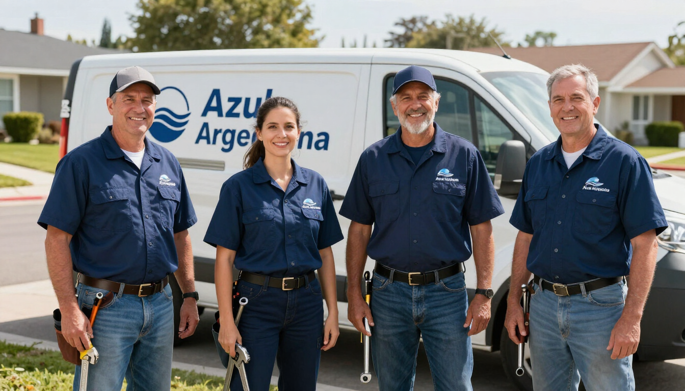 Cuatro trabajadores de servicios públicos uniformados de pie frente a una furgoneta 