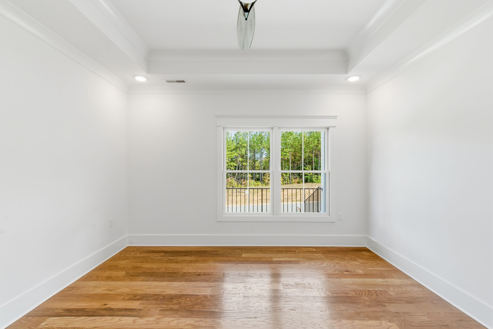 Empty white room with hardwood floor and a window overlooking greenery