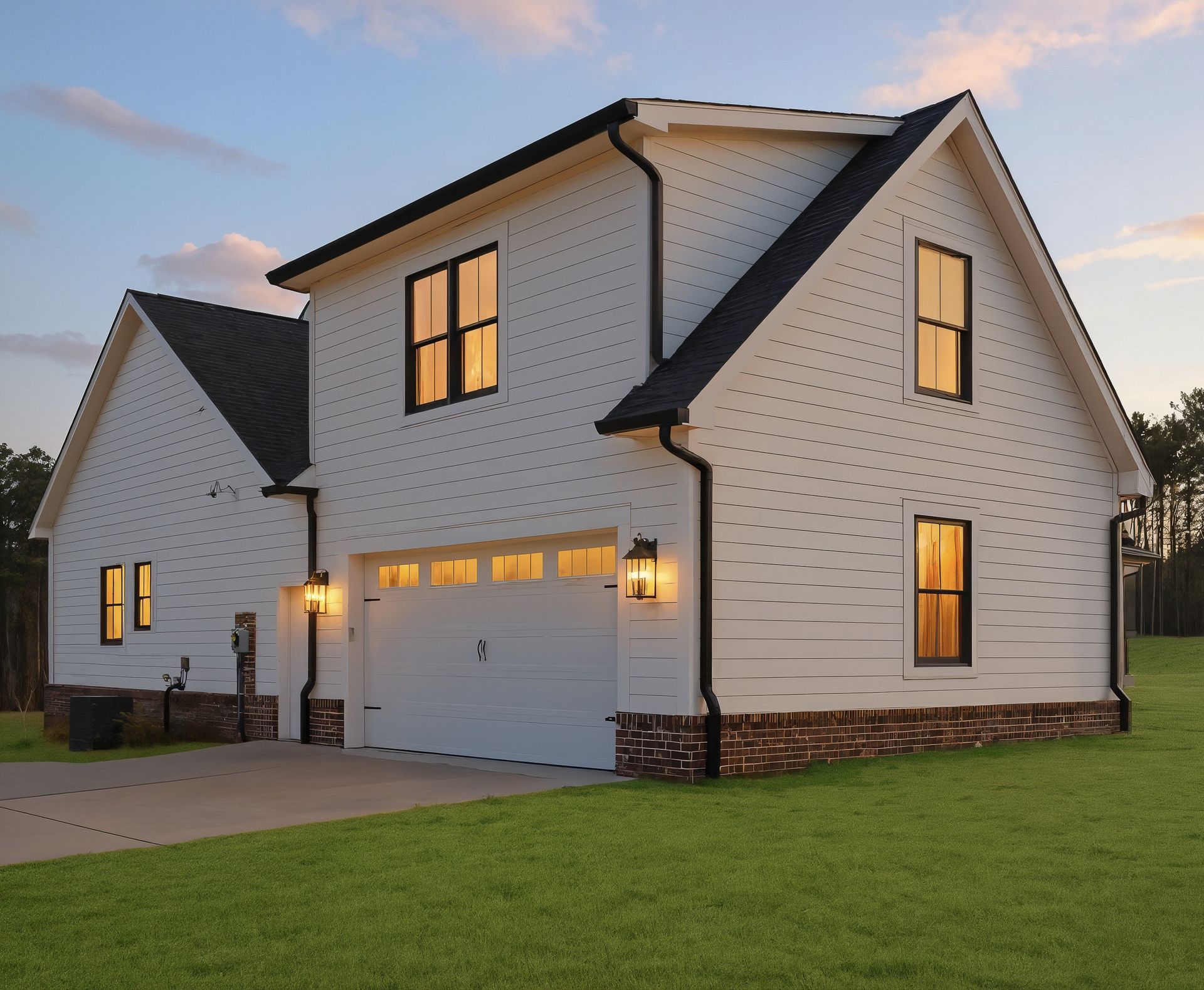 Two-story white house with lit windows, attached garage, and a green lawn at dusk