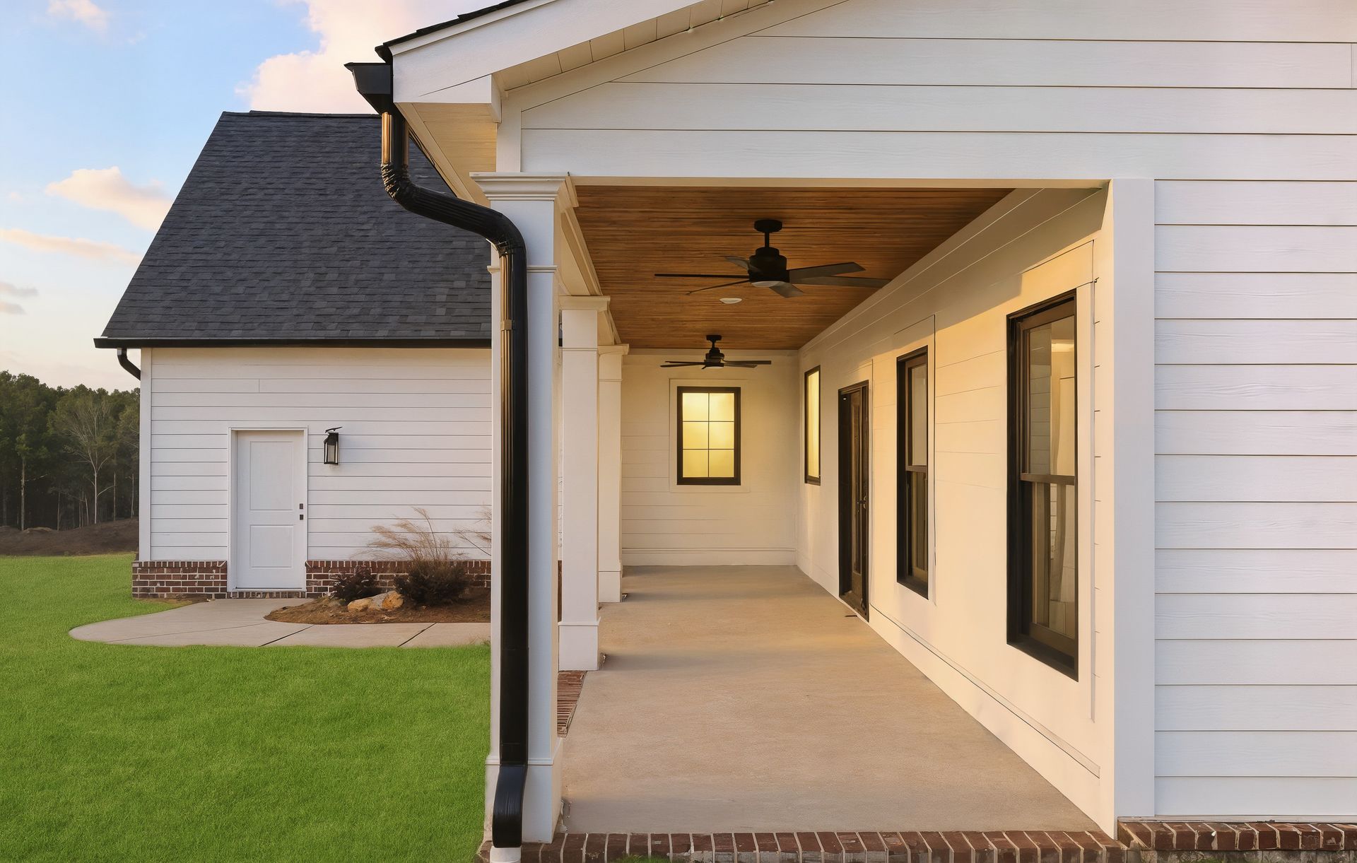 Covered porch with white siding, black shutters, and a ceiling fan beside a grassy yard at sunset