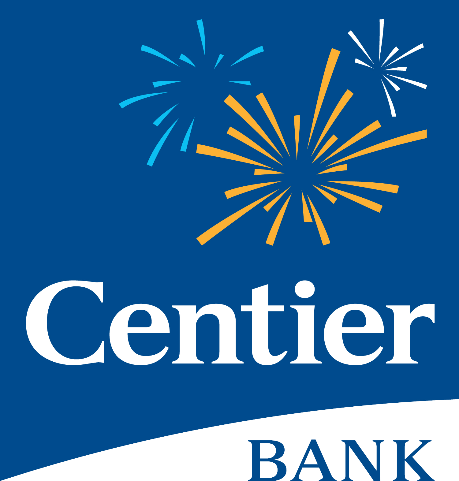 Centier Bank logo with blue and orange fireworks on a blue background